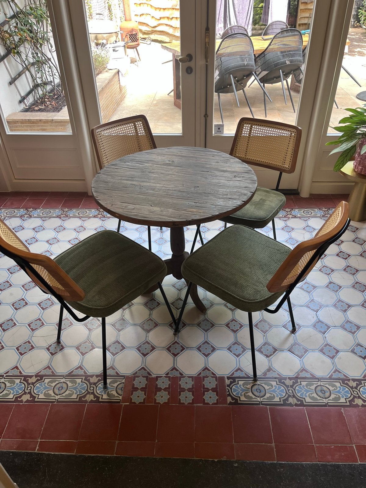 Ronde houten tafel met 4 stoelen - Vintage stijl, Ophalen, Gebruikt, Rond, Landelijk, klassiek