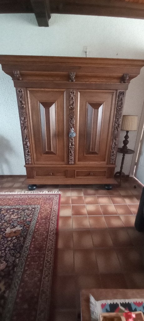 Antieke groenlose kast met prachtig snijwerk, Antiek en Kunst, Ophalen