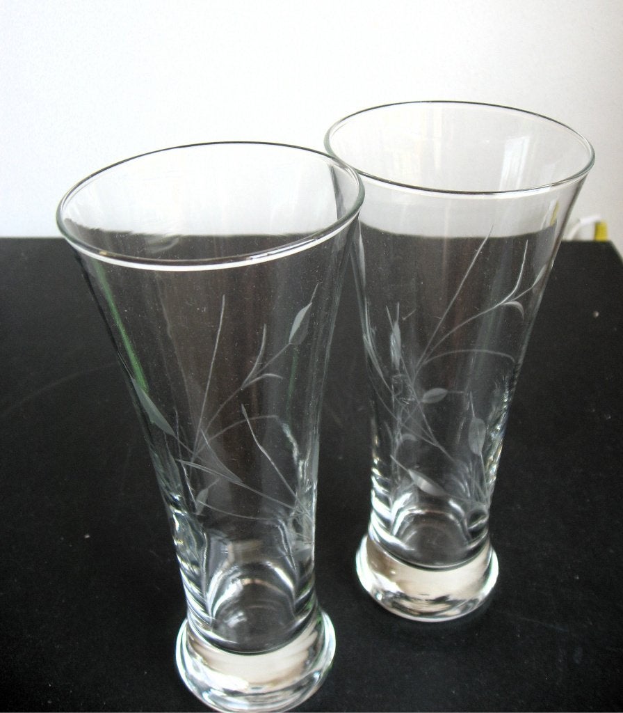 2 retro hoge glazen, geetst met graan motief jaren 50, Ophalen of Verzenden