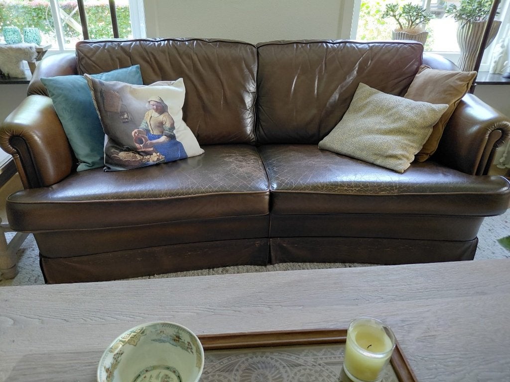 Leren 3 zits bank en bijpassende fauteuil (wol, beige), Huis en Inrichting, Banken | Bankstellen, Ophalen, Gebruikt, Landelijk klassiek