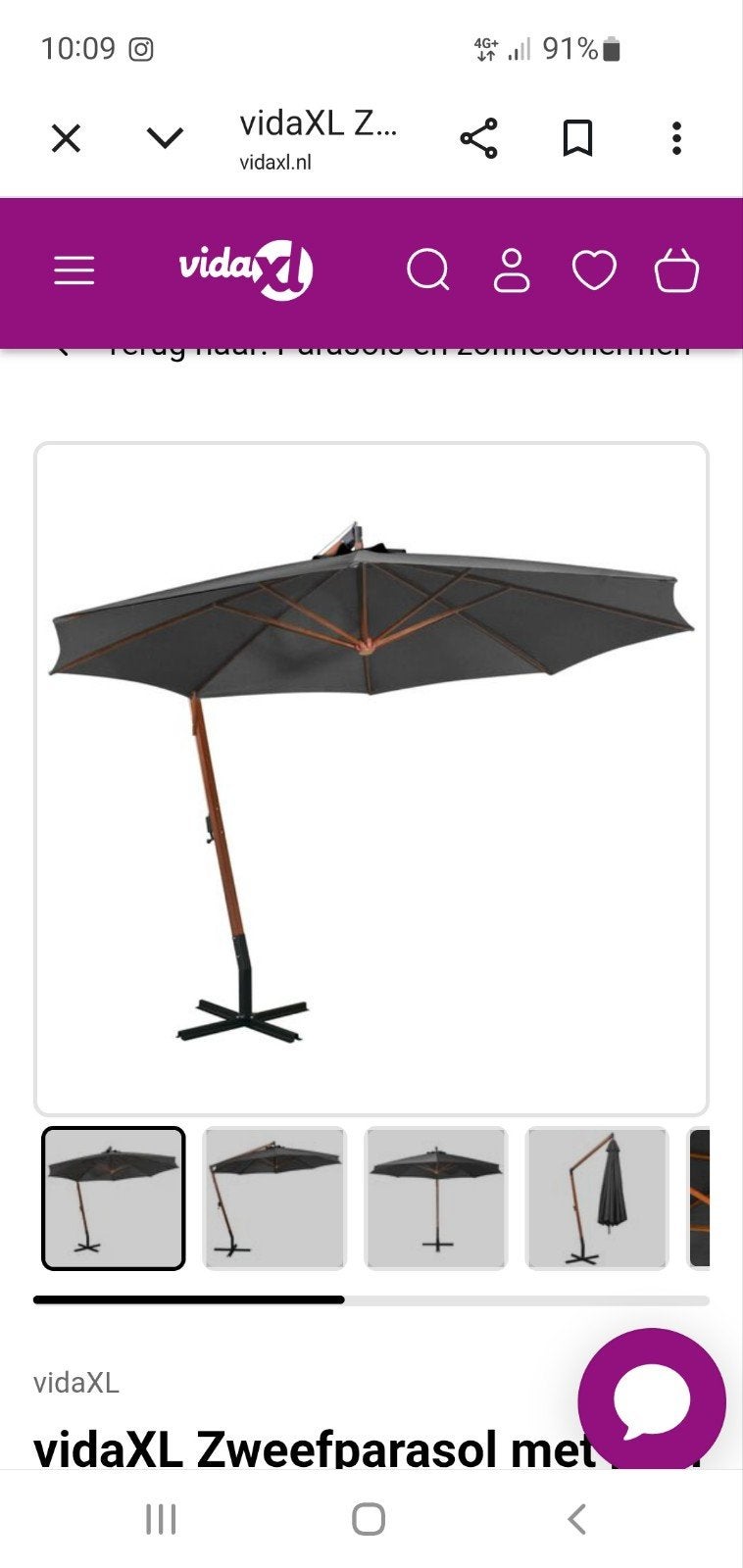 VidaXL Zweefparasol 3x3m groen met voet en houten paal, Tuin en Terras, Parasols, Ophalen, Gebruikt, 3 tot 4 meter, Zweefparasol