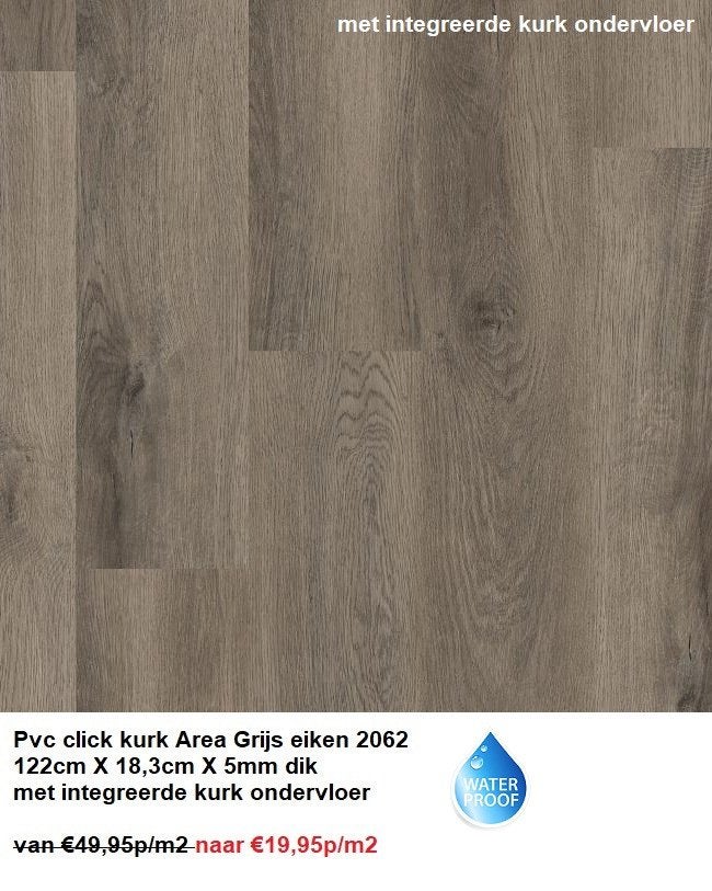 Pvc click Grijs Eik met integreerde kurk ondervloer €19,95m2, 75 m² of meer, Nieuw, Ophalen of Verzenden, Grijs