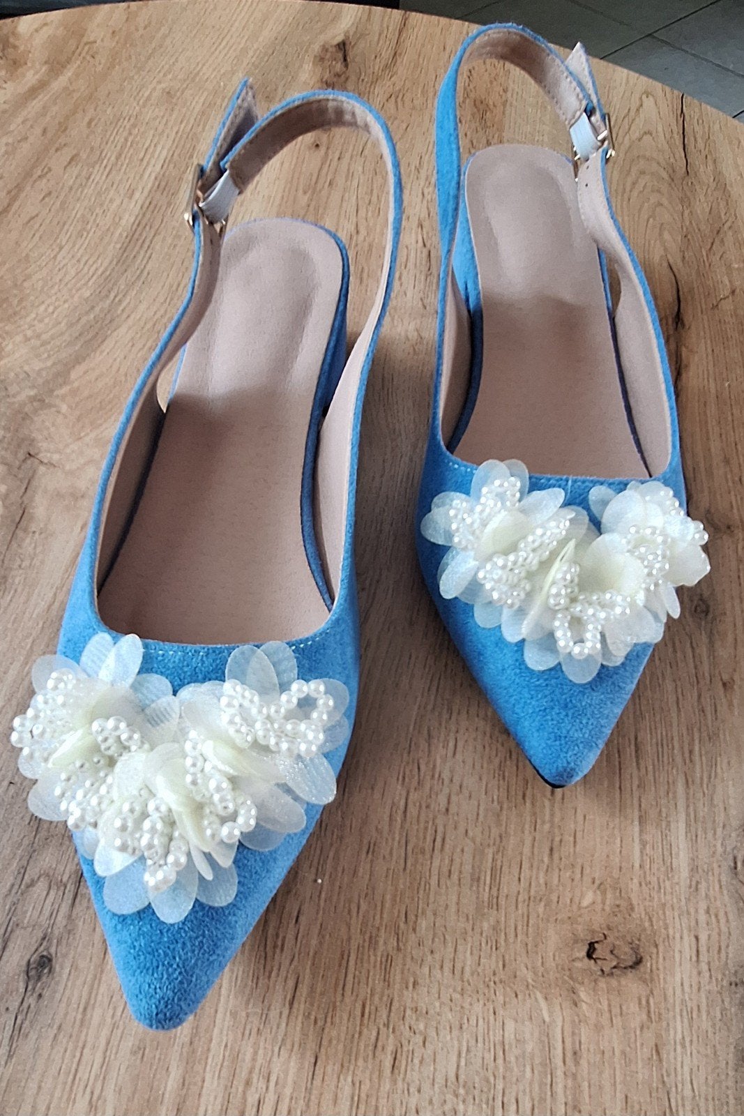 Nieuwe blauwe slingback pumps met bloemen - Maat 40, Ophalen of Verzenden, Nieuw, Blauw, Pumps