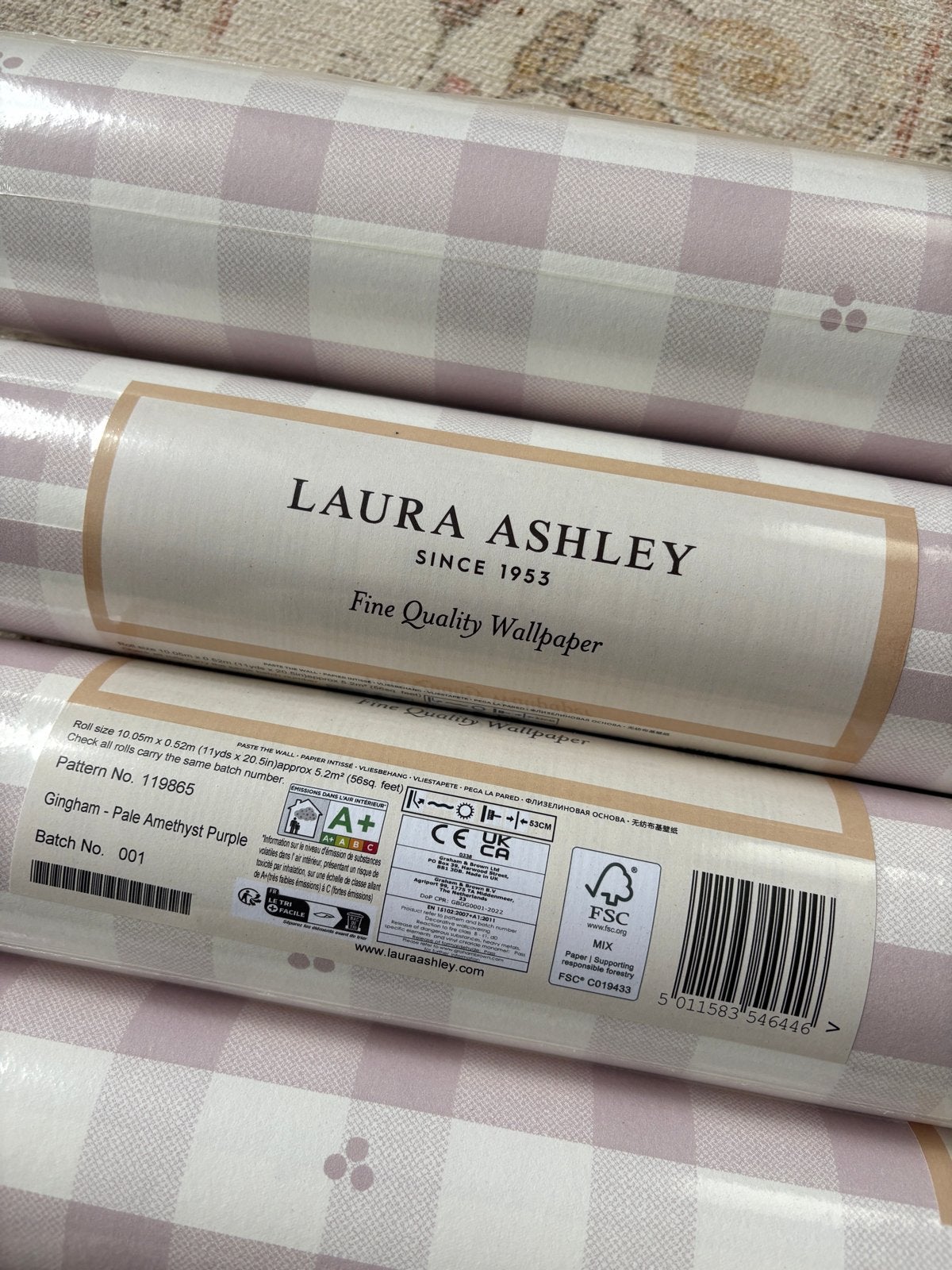 Laura Ashley Gingham Pale Amethyst Purple vliesbehang 4x, Overige merken, Ophalen of Verzenden, 25 tot 50 m², Roze