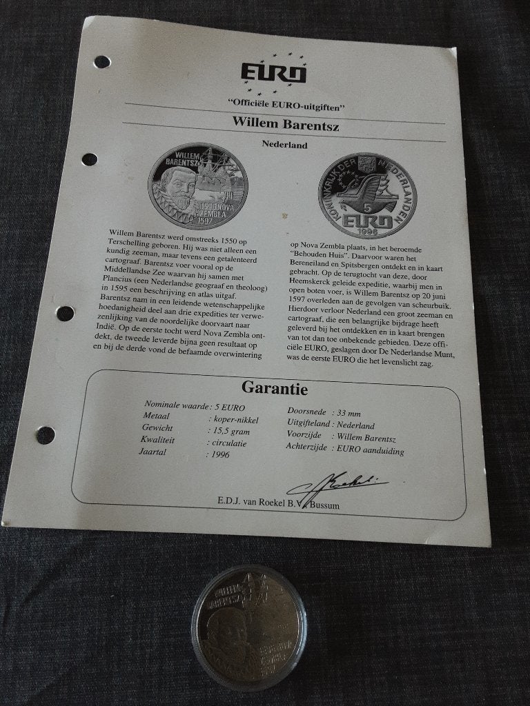 Vijf euro Willem Barentsz 1996, Ophalen of Verzenden, Overige materialen, Nederland