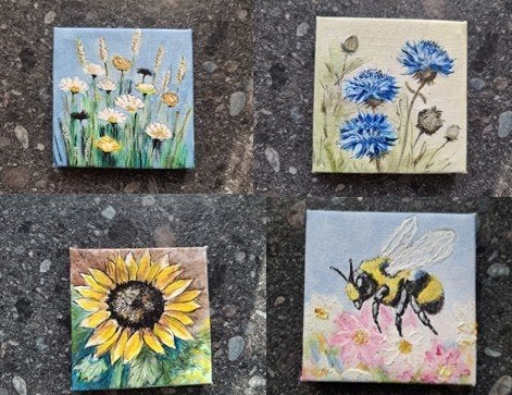 Kleine schilderijtjes Bloemen op canvas-doekje 7x7 cm, Ophalen, Minder dan 50 cm, Oorspronkelijke maker, Nieuw