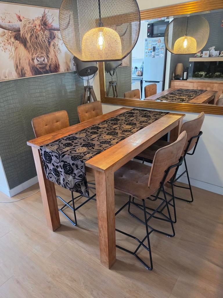 Teakhouten eethoek met 4 draaibare krukken, 100 tot 150 cm, Teakhout, Zo goed als nieuw, Landelijke stijl