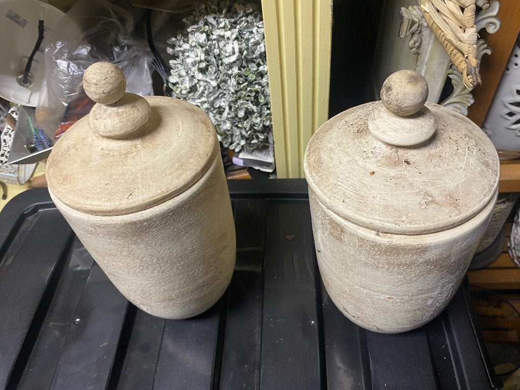 2 zgan PTMD potten met deksel, Beige, Met deksel, Ophalen of Verzenden, Zo goed als nieuw