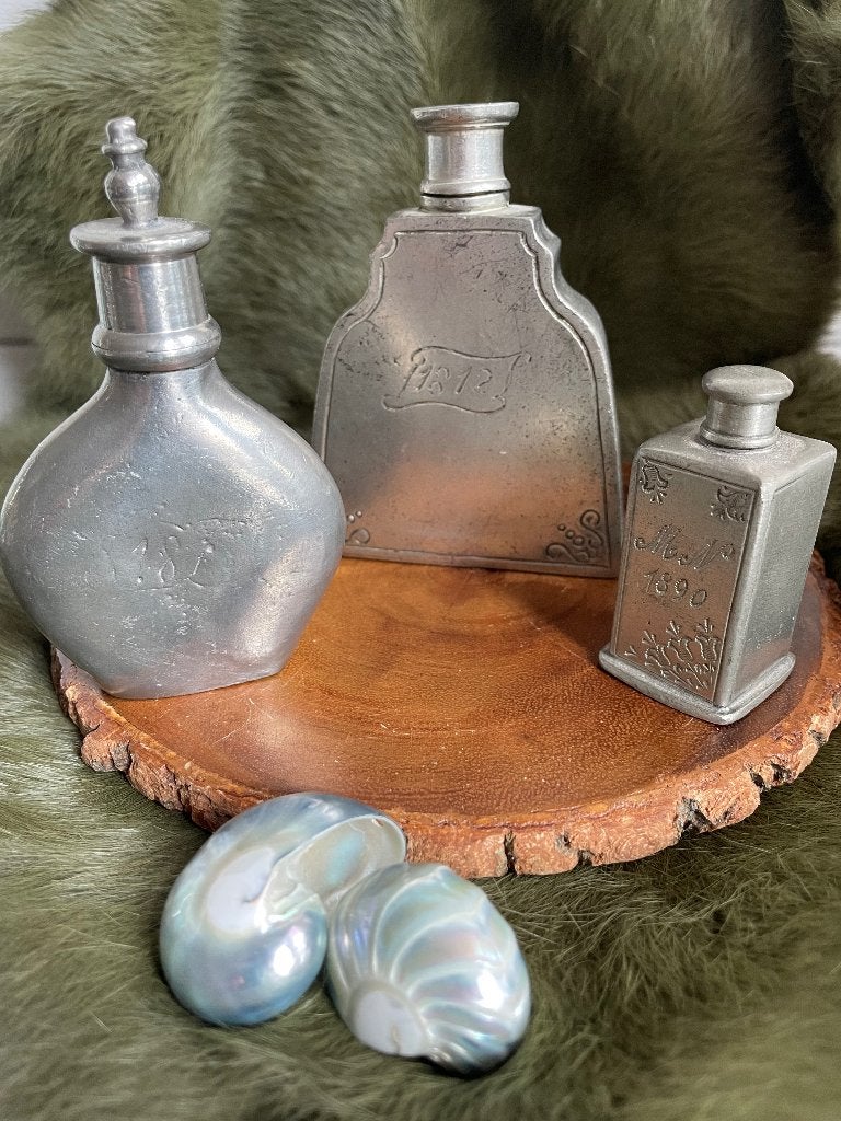 prachtige antieke tinnen zakflesjes set, 3 stuks, Ophalen of Verzenden
