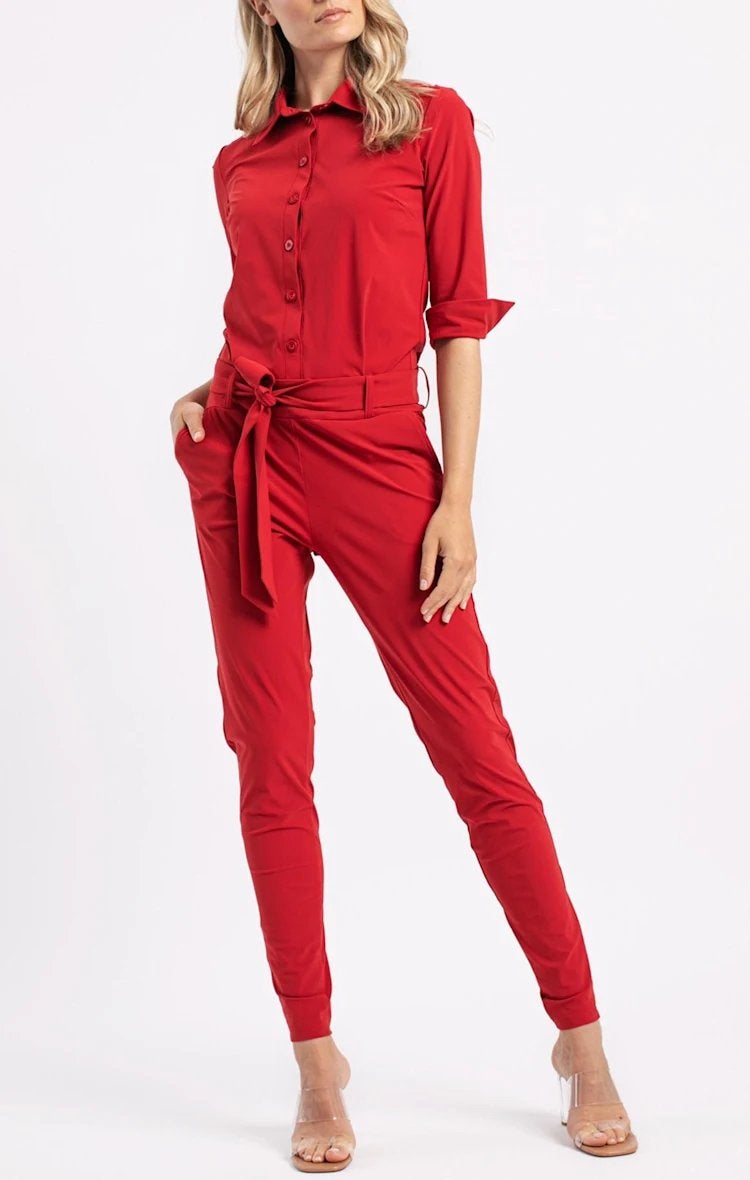 Studio anneloes angeliue jumpsuit L rood travelstof, Maat 42/44 (L), Ophalen of Verzenden, Zo goed als nieuw, X