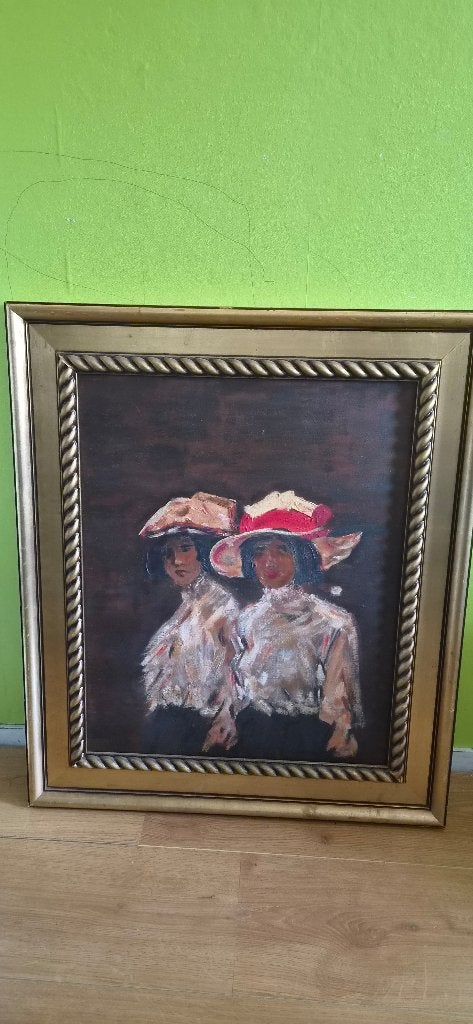 Olieverfschilderij: Twee Vrouwen met Hoeden (45x55 cm), Ophalen, Handgeschilderd, Doek, Portret of Personen