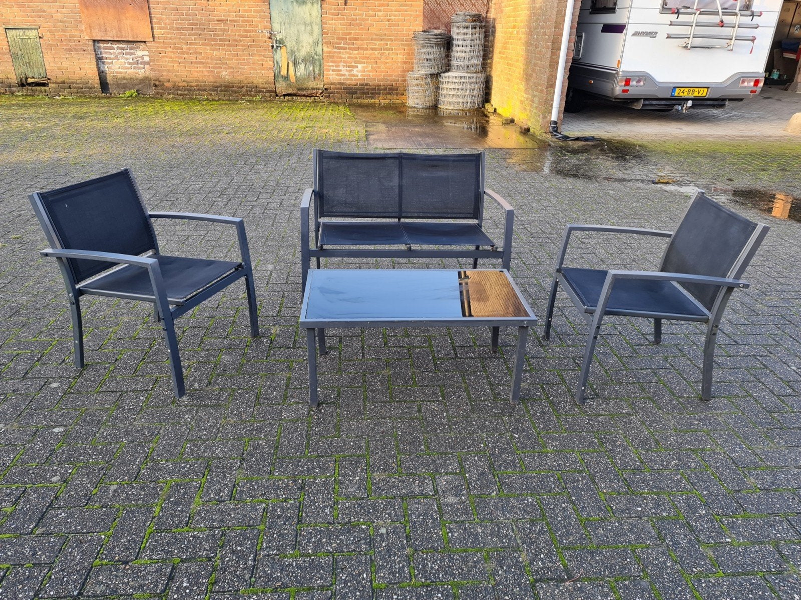 Nette tuinset met kapot glasblad, Tuin en Terras, 4 zitplaatsen, Gebruikt, Aluminium, Ophalen of Verzenden