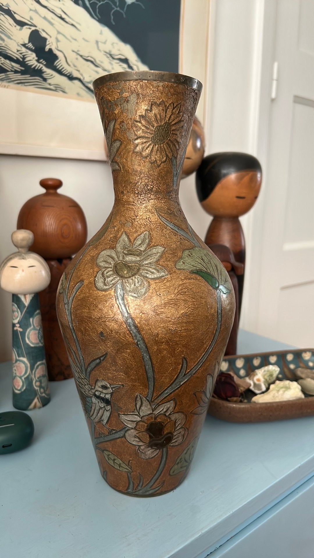 Vintage hoge messing India vaas met emaille decor, Ophalen of Verzenden, Overige kleuren, Overige materialen, Minder dan 50 cm