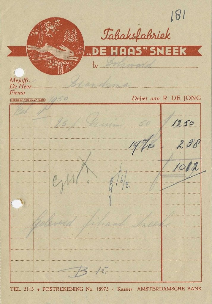 Factuur Tabaksfabriek "De Haas" Sneek, Verzamelen, Ophalen of Verzenden, Gebruikt