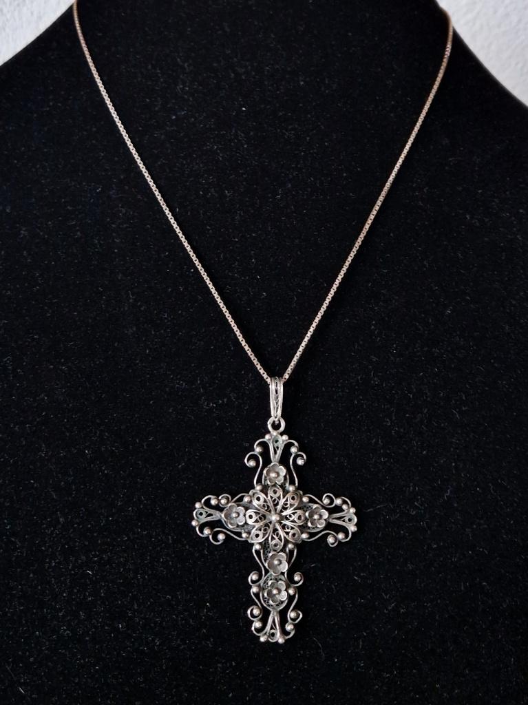 Groot antiek zilveren filigrain kruis met collier - 20s, Ophalen of Verzenden, Zilver, Hanger