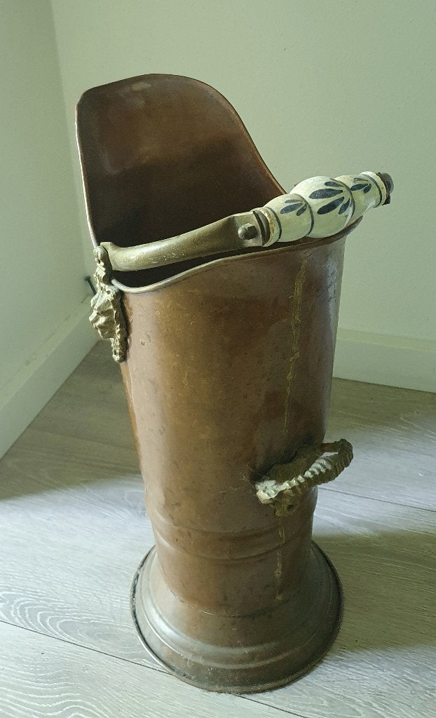 Vintage koperen kolenkit/paraplubak (leeuwenkoppen), Ophalen, Koper