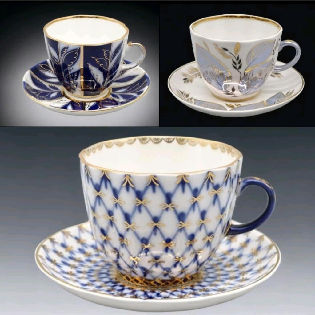 Lomonosov set, 3x kop - schotel, subliem Sovjet-design, Antiek en Kunst, Ophalen of Verzenden