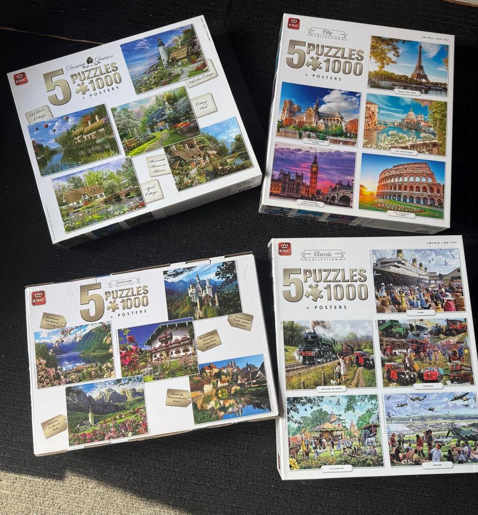 King Puzzels 5x1000 stukjes - Diverse Collecties, Ophalen of Verzenden, 500 t/m 1500 stukjes, Zo goed als nieuw, Legpuzzel