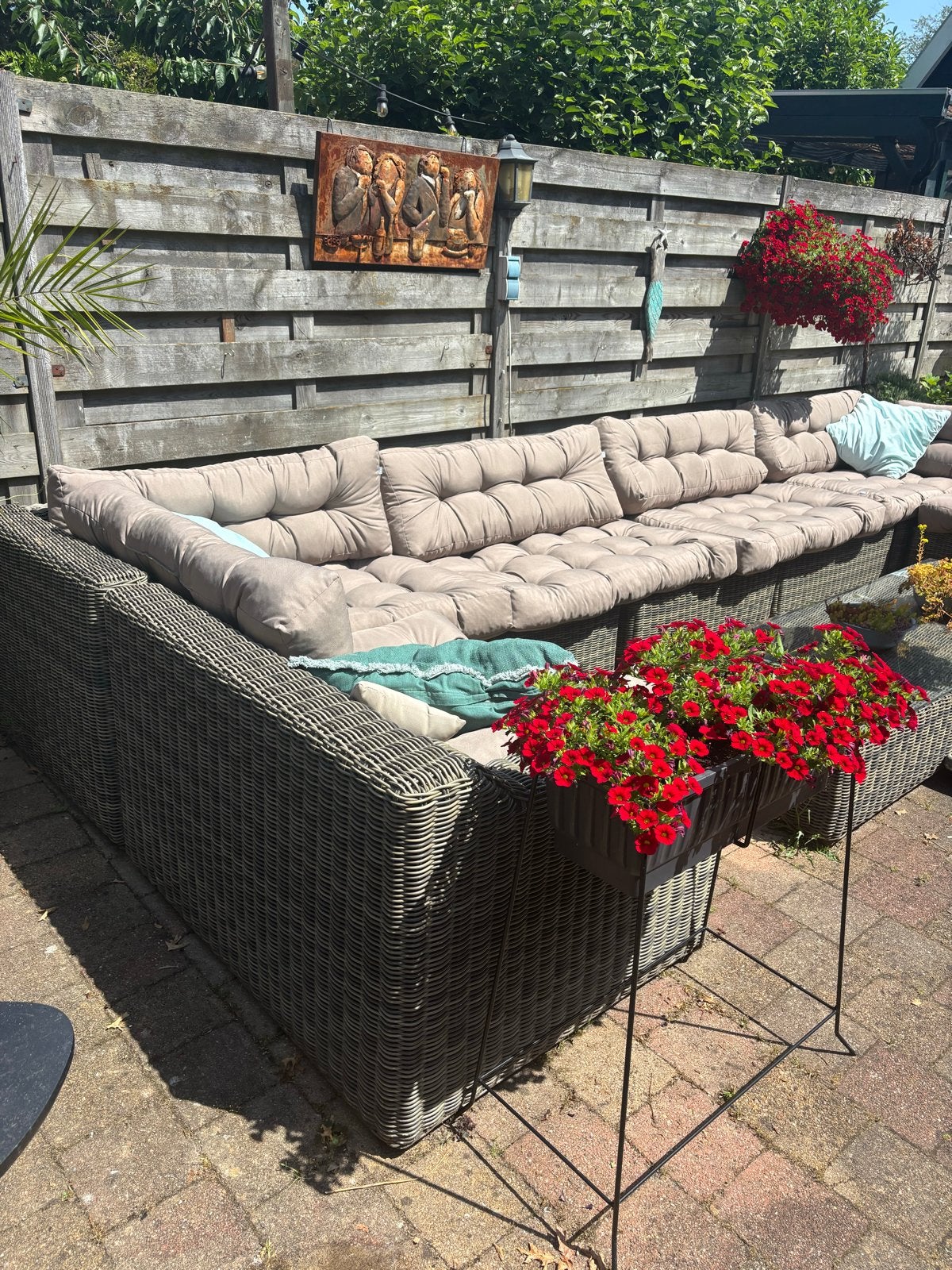 Luxe St. Tropez Loungeset met Kussens en Salontafel 5m breed, Ophalen, Kunststof, Gebruikt, Meer dan 8 zitplaatsen