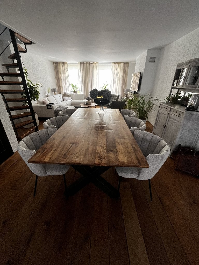 massief eiken eethoek met 6 stoelen, Ophalen, Zo goed als nieuw, Modern / Hotel Chique, 4 tot 6 stoelen