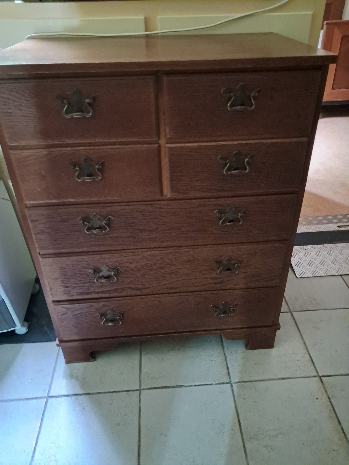 Vintage eikenhouten ladekast met spiegel, Ophalen, Gebruikt, 5 laden of meer, 100 tot 150 cm