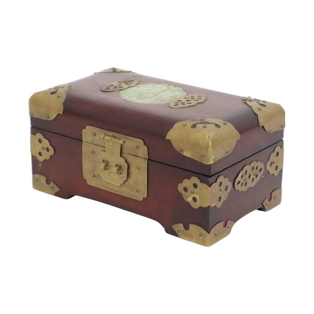 Oude Houten Chinese Juwelenkist Sierraden Doos Jade Messing, Ophalen of Verzenden
