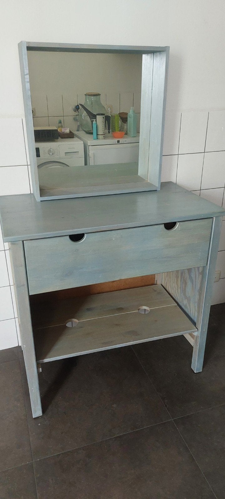 Houten ladekastje met spiegel - Grijs/Blauw, Huis en Inrichting, Gebruikt, 100 tot 150 cm, Landelijk, Modern, Hout