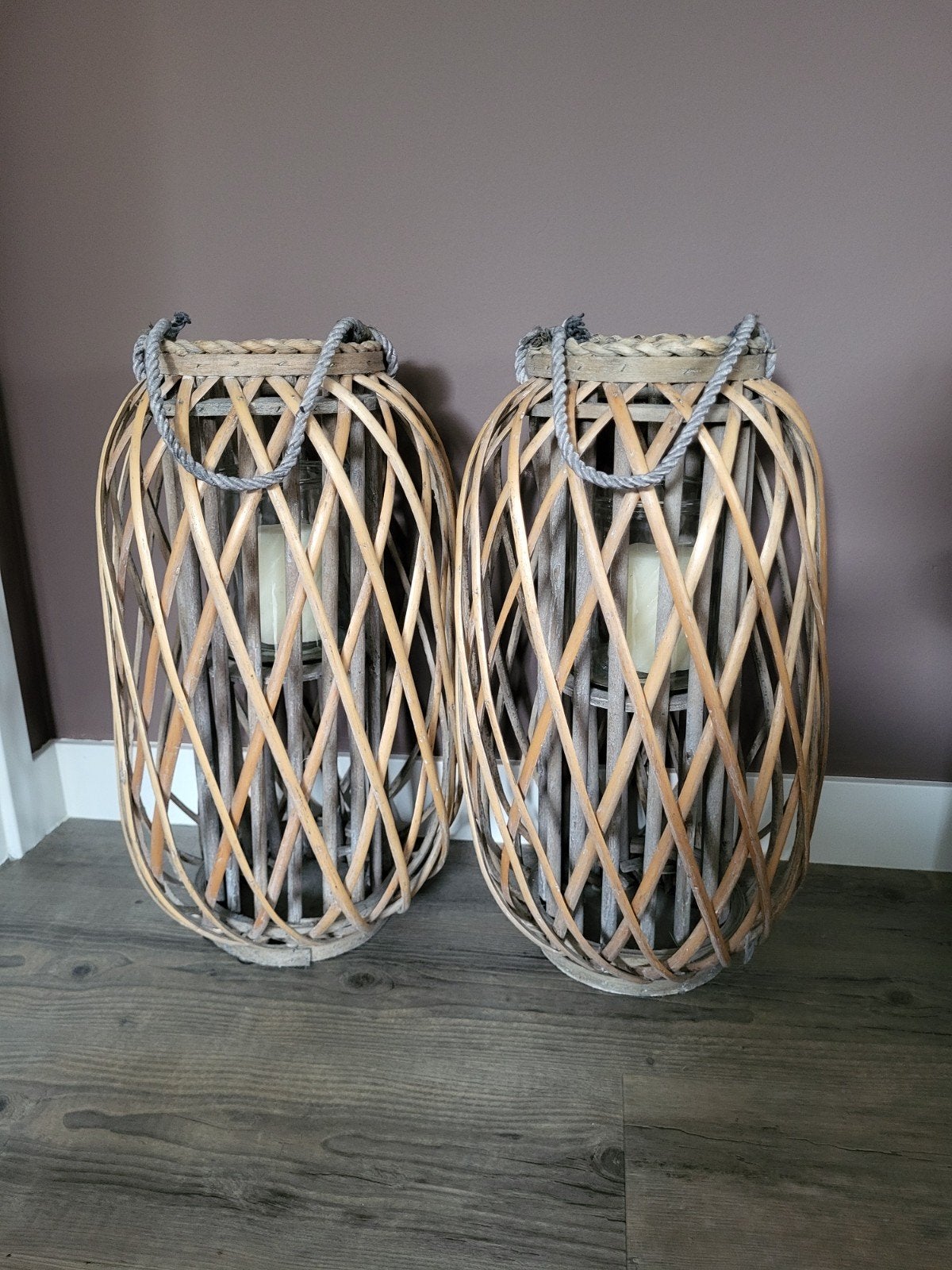 Set van 2 rotan lantaarns/windlichten, Ophalen, Gebruikt, Overige merken, Natuurlijk materiaal
