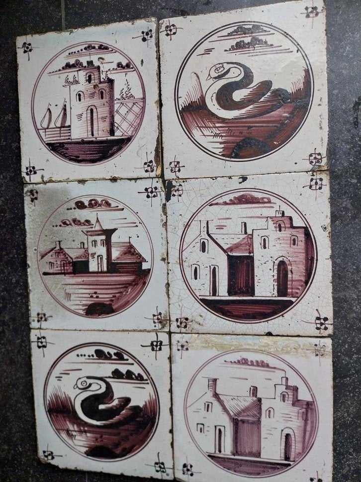 Mangaan tegels uit oude heerd, 13 x 13cm, 6 stuks, Antiek en Kunst, Ophalen of Verzenden
