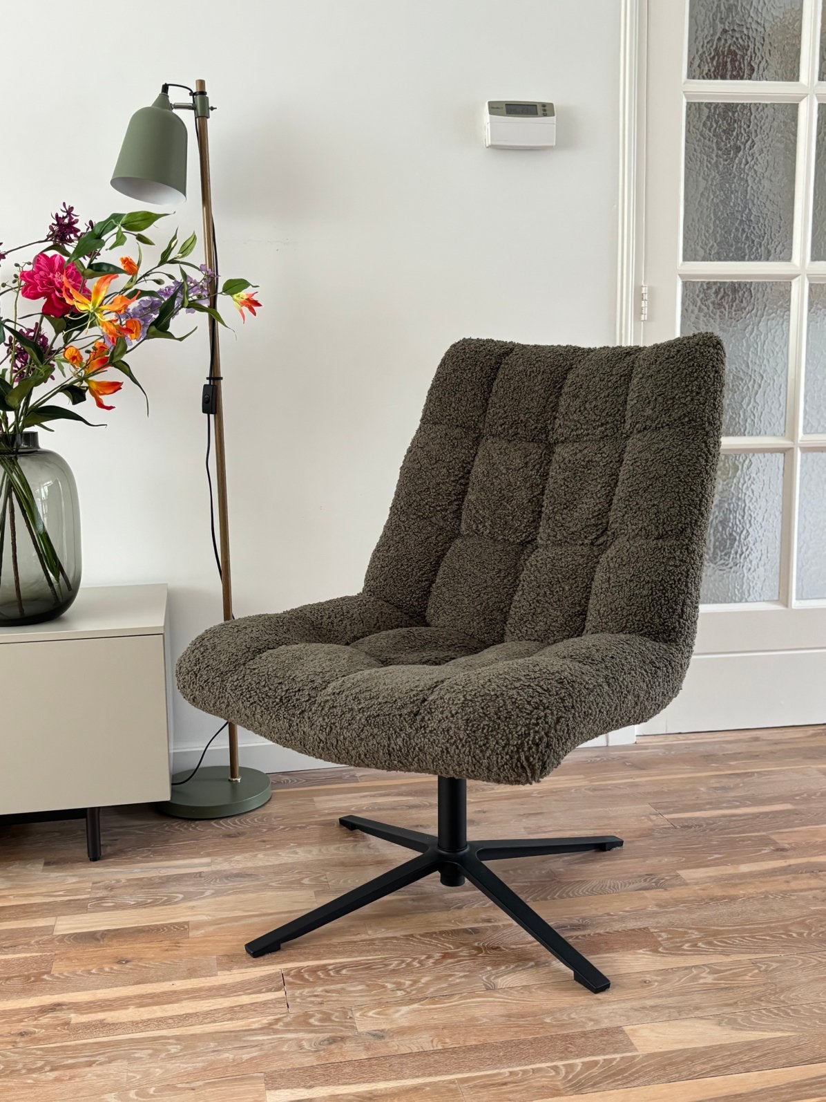 Wood fauteuil Job donkergroene teddy stof draaibaar, Ophalen, Gebruikt, Minder dan 75 cm, Stof