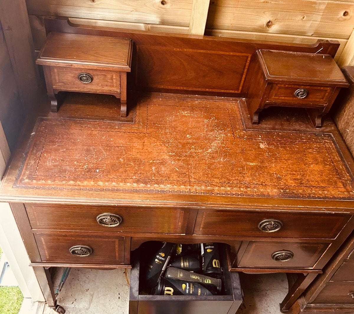 Antieke kaptafel met lederen blad en wieltjes, Ophalen, Gebruikt, Hout