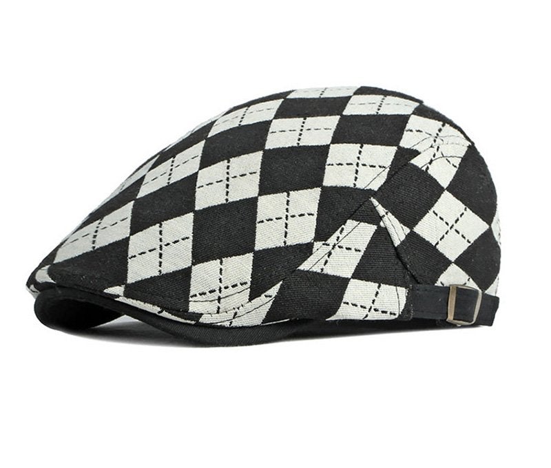 Zwarte witte geruite platte denim pet (flat cap baret), Verzenden, Nieuw, Pet