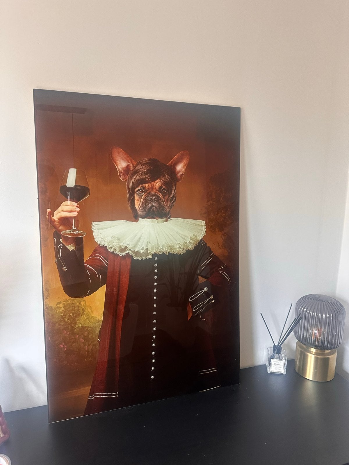 Schilderij Franse Bulldog met wijnglas - 100x80 cm, Ophalen, Zo goed als nieuw, Schilderij, 75 tot 100 cm
