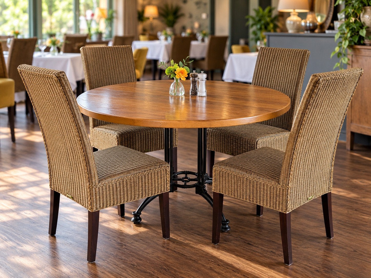 Ronde tafel Ø120 cm massief eiken met gietijzeren onderstel, Ophalen, Zo goed als nieuw, Horeca meubilair Restaurant Cafe ronde tafel