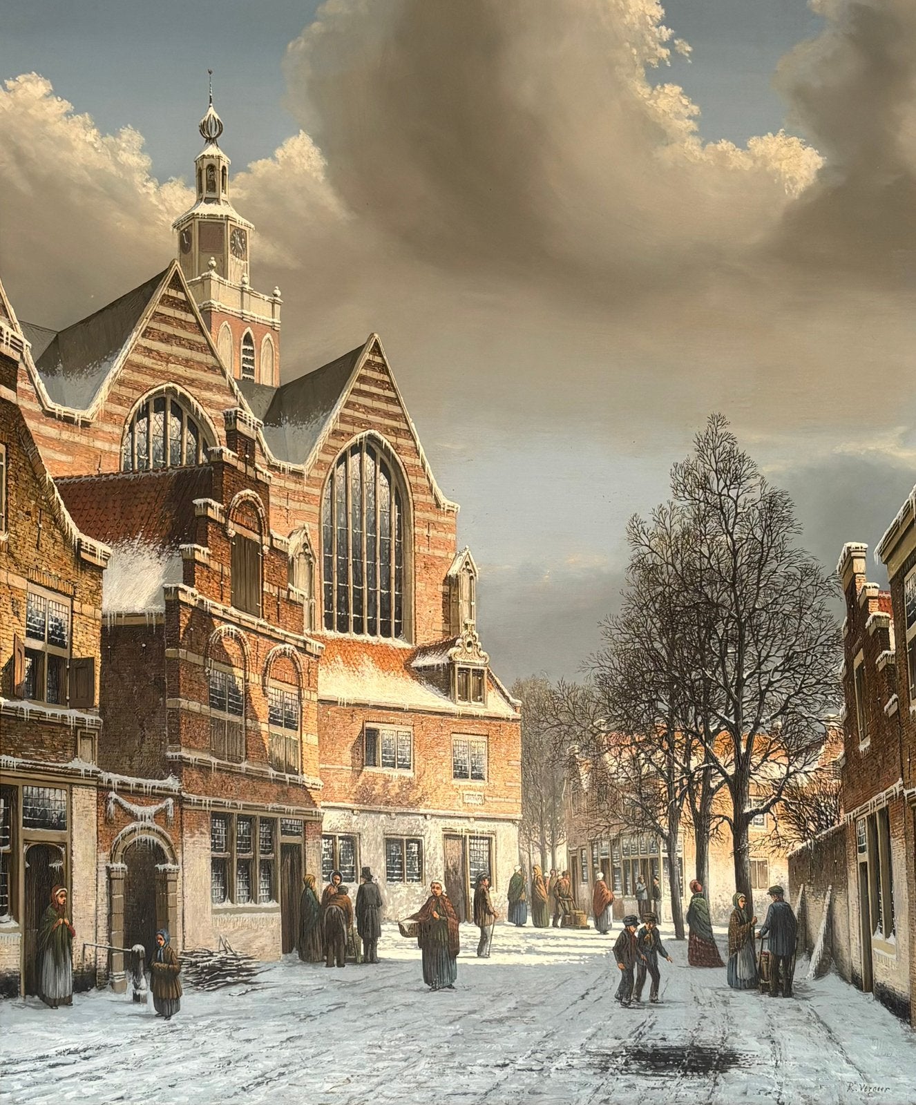 Winters stadsbeeld van Gouda, Antiek en Kunst, Kunst | Schilderijen | Klassiek, Paneel, Ophalen of Verzenden, Olieverf, Klassiek