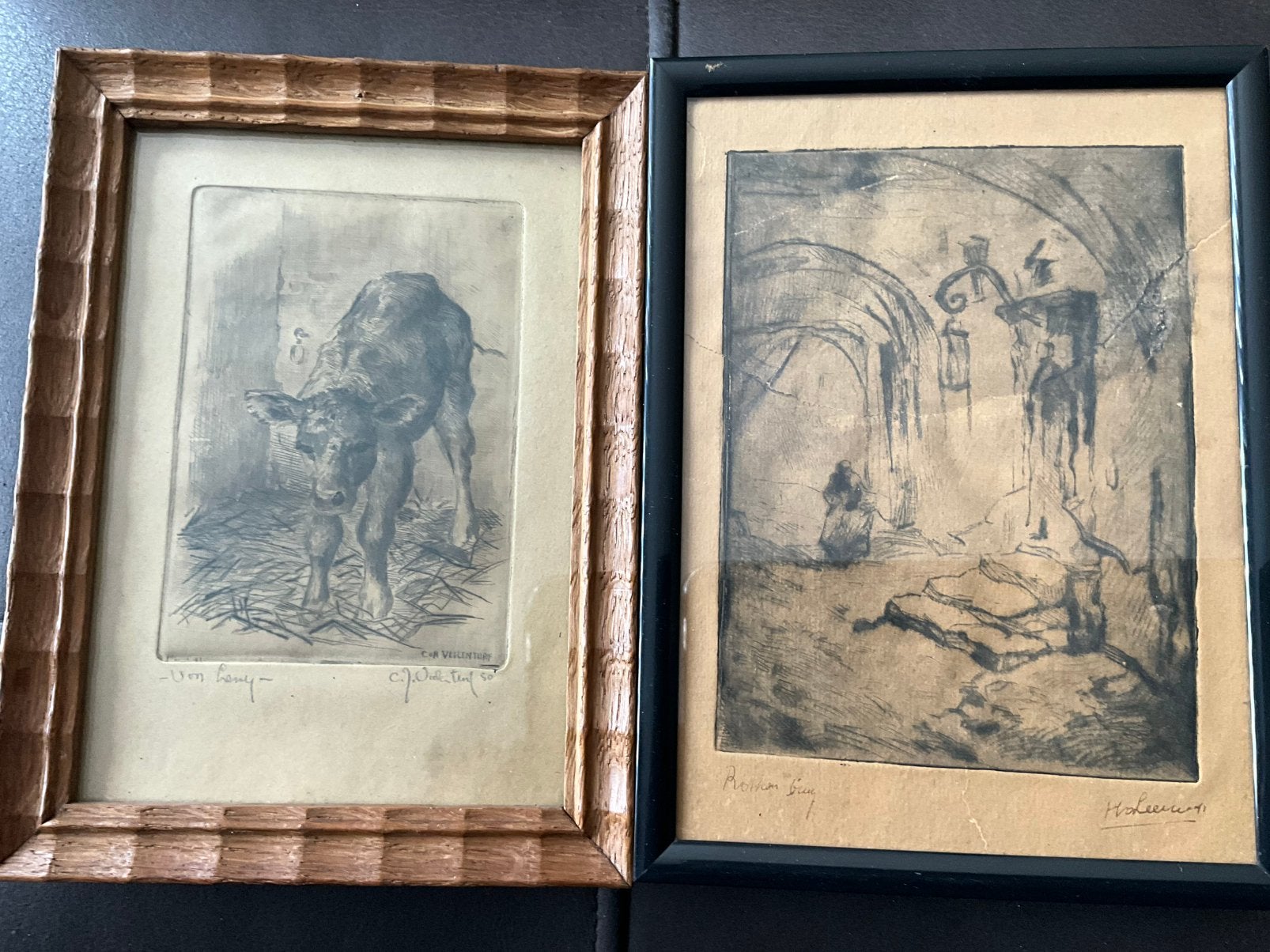 H van Leeuwen/en Cor Veelenturf 1950 ets samen, Antiek en Kunst, Ophalen of Verzenden