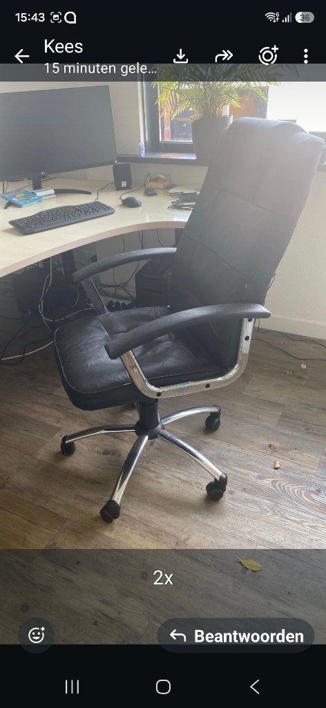2x Bureaustoel - Zwart Leer, Ophalen, Zo goed als nieuw, Zwart, Bureaustoel