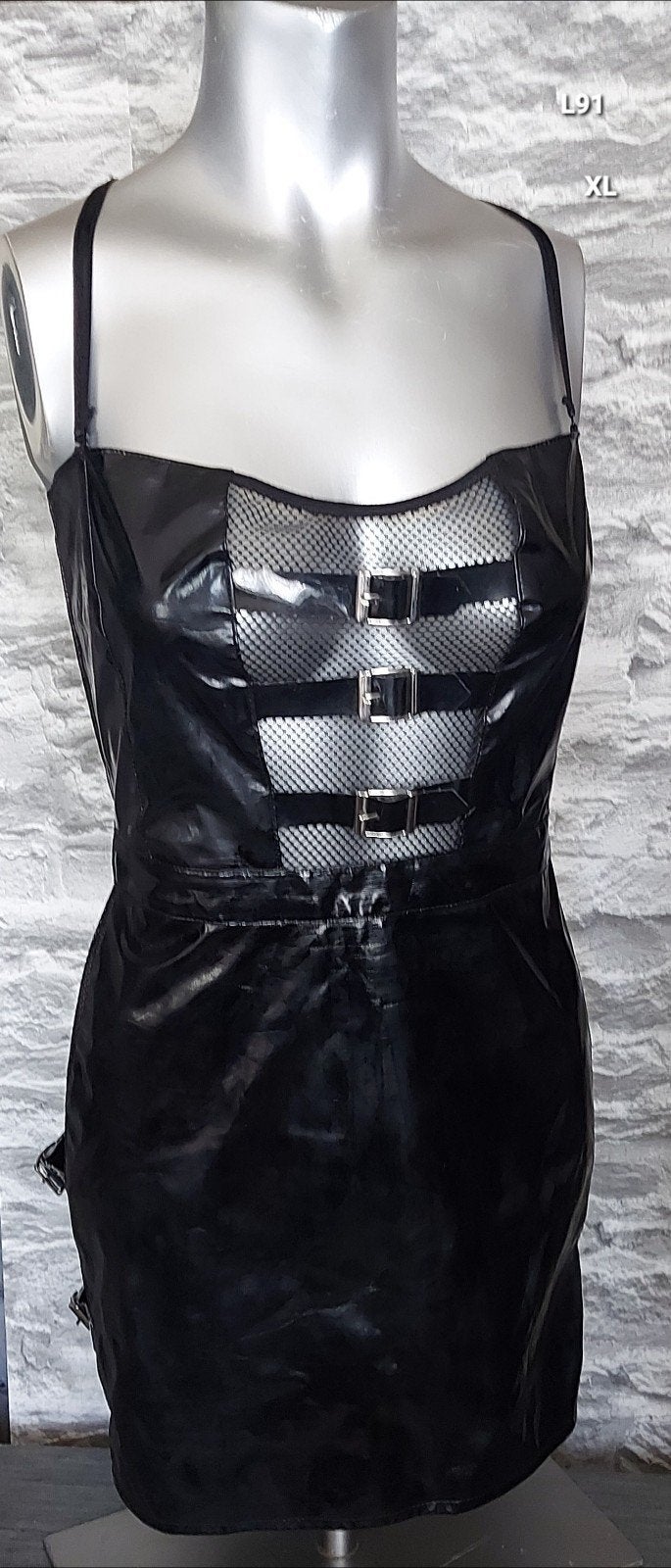 Kinky Zwart lak Jurkje met Gespen en Mesh Details, Zwart, Maat 46/48 (XL) of groter, Ophalen of Verzenden, Zo goed als nieuw