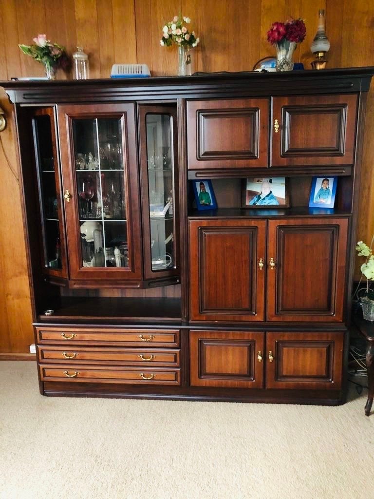 Prachtige klassieke wandkast met vitrine en lades, Ophalen, Gebruikt, 200 cm of meer, Met lade(s)