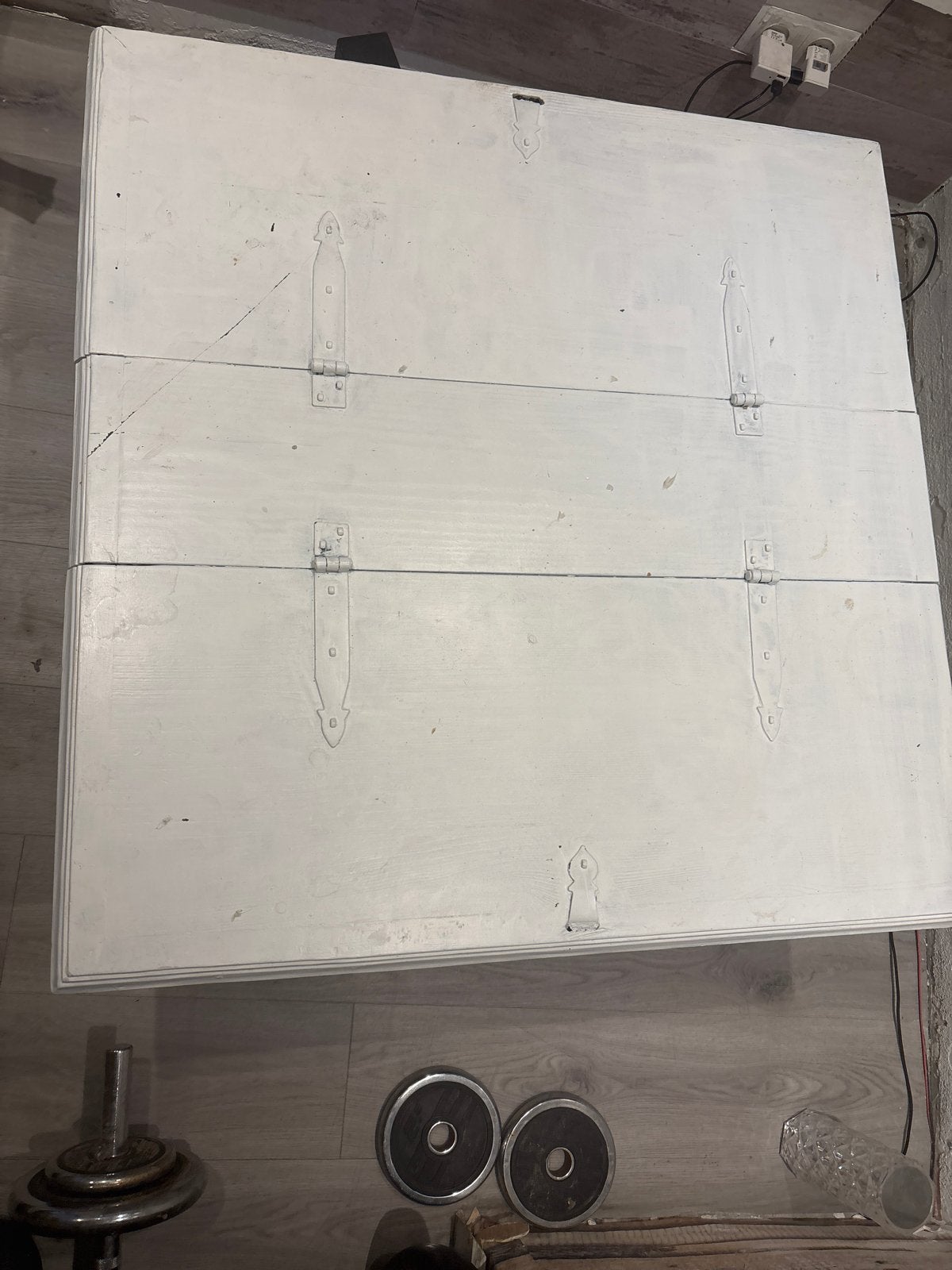 Witte houten opbergkist / salontafel met scharnierend blad, Gebruikt, 100 tot 150 cm, Ophalen of Verzenden, 100 tot 125 cm