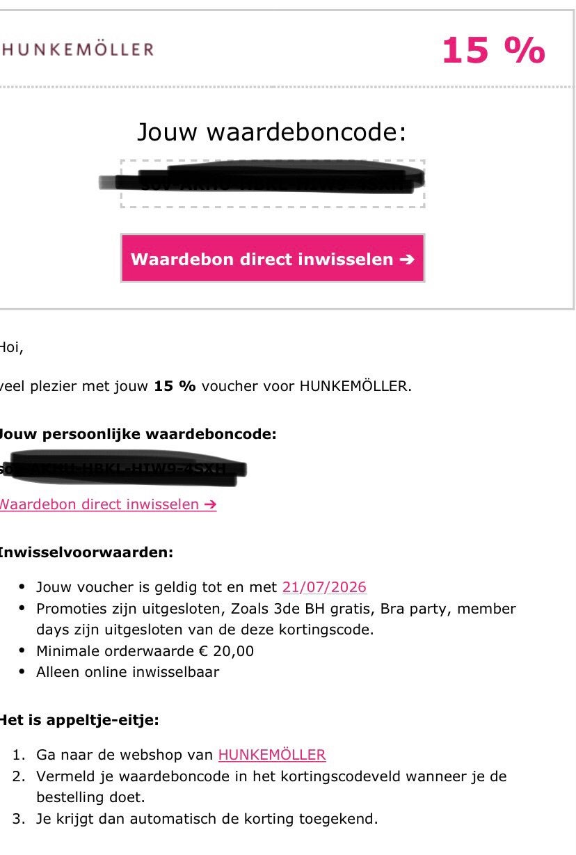 Hunkemoller 15% korting, Eén persoon, Kortingsbon