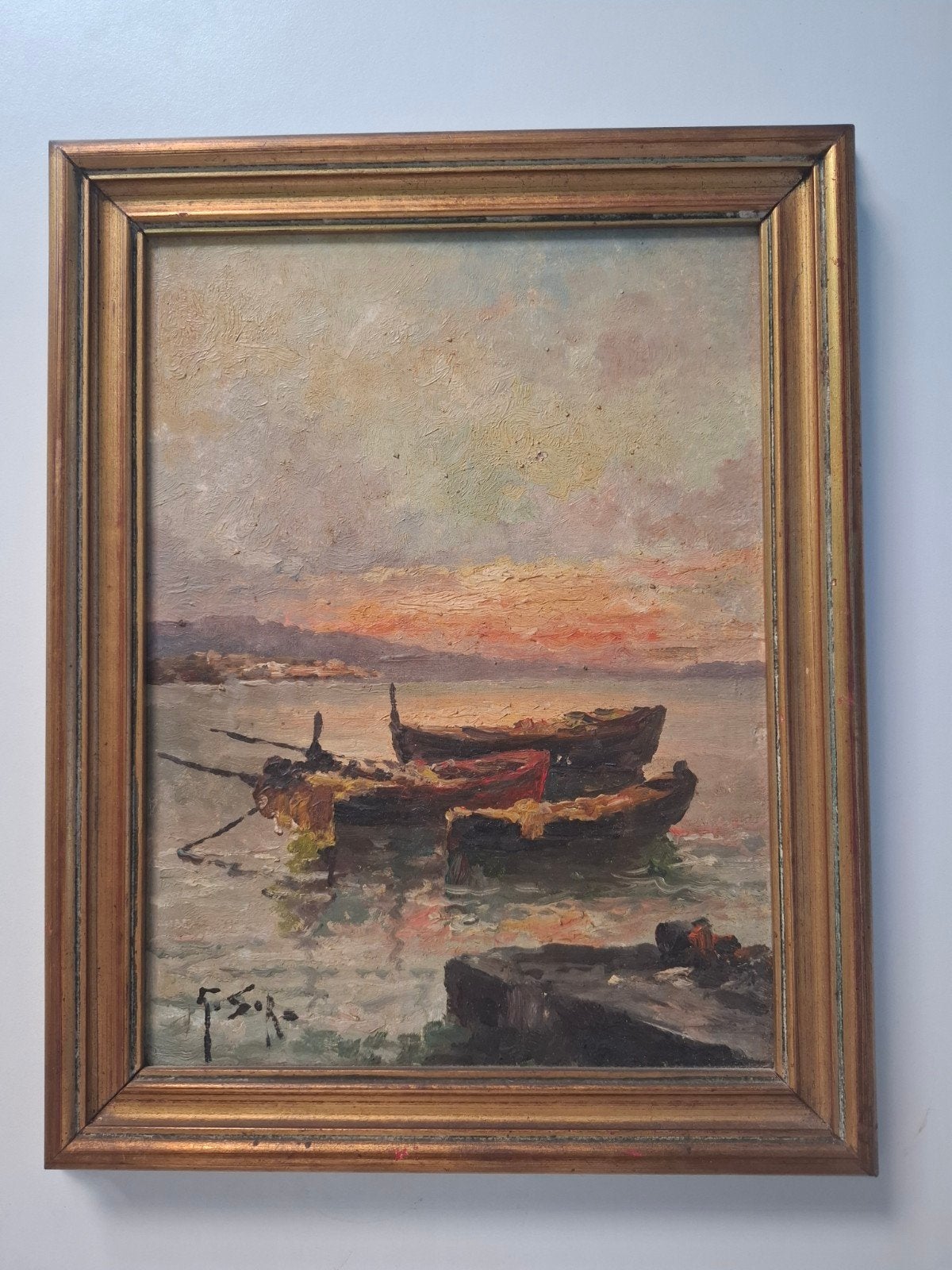 Olieverfschilderij 'Marina al tramonto con barche' - G. Soro, Realistisch, Ophalen of Verzenden, Maritiem / water, Paneel