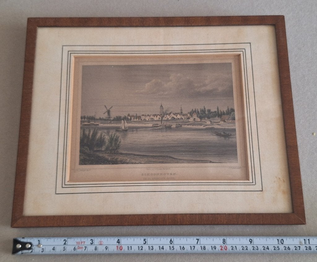 Schoonhoven van de rivierzijde. Gravure, Ingelijst, 1800 - 1899, Stadsgezicht, Ophalen of Verzenden