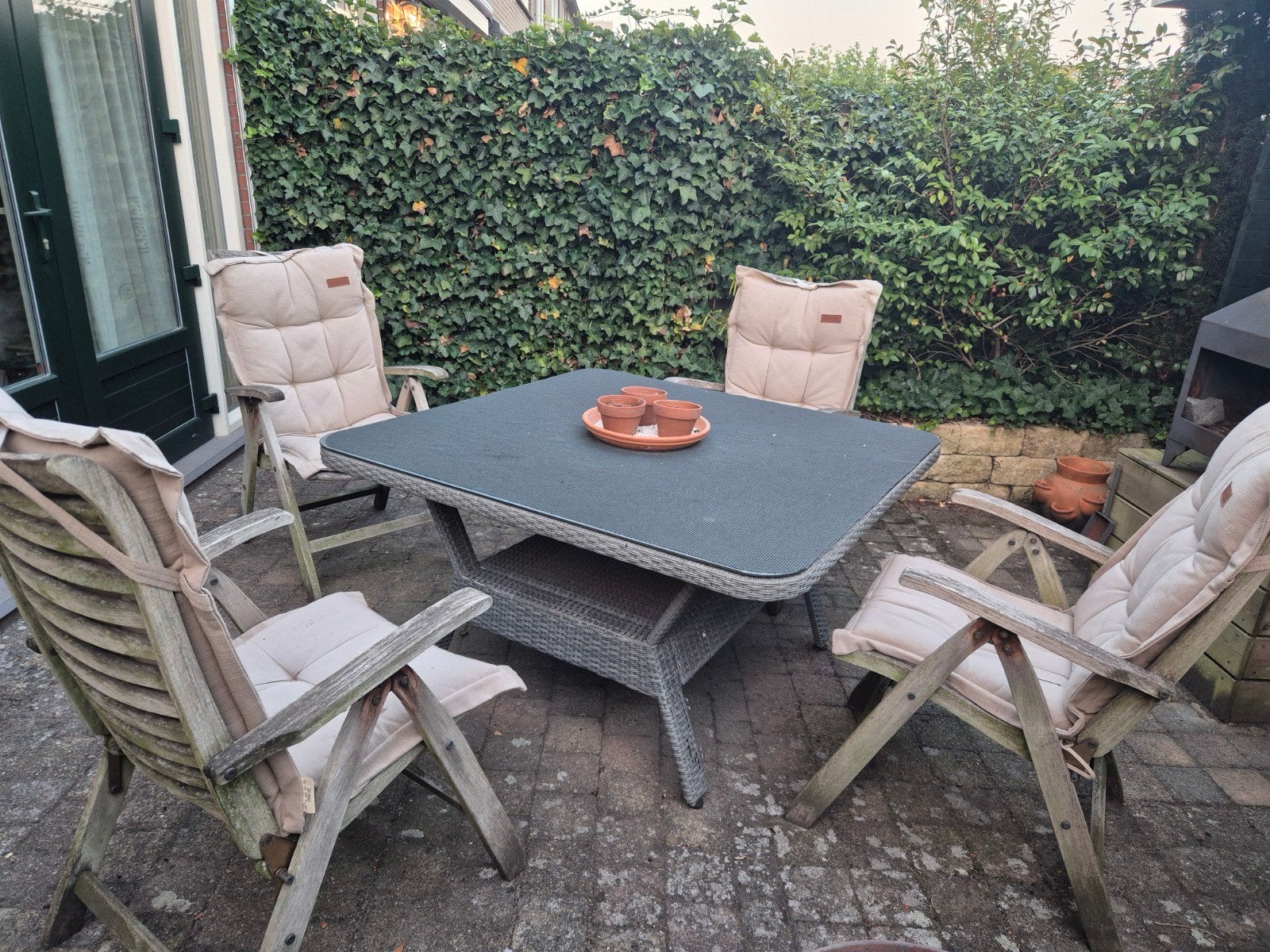 4 Houten verstelbare tuinstoelen inclusief kussens., Ophalen, Gebruikt, Hout