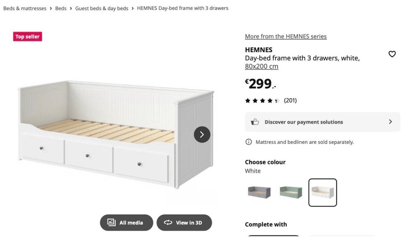 IKEA Hemnes Bedbank met 3 lades - Wit (80x200 cm), Gebruikt, Eenpersoons, Wit, Ophalen of Verzenden