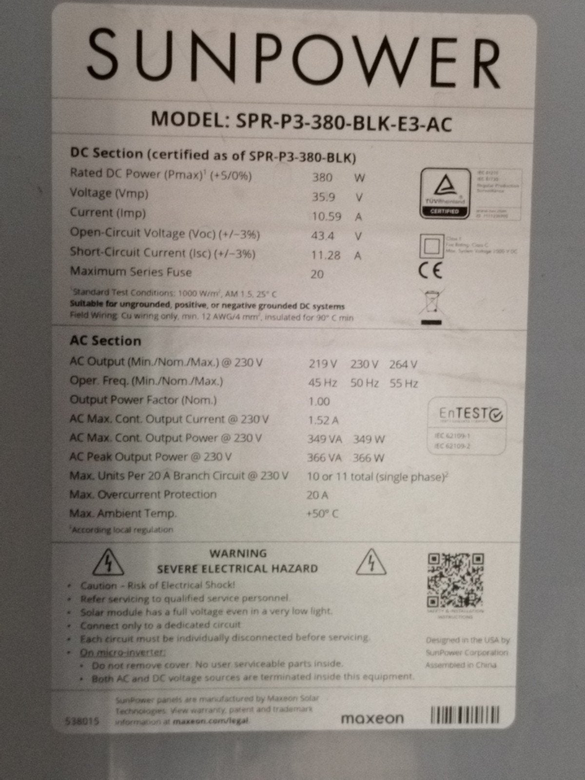SunPower SPR-P3-380-BLK-E3-AC Zonnepaneel, Ophalen of Verzenden