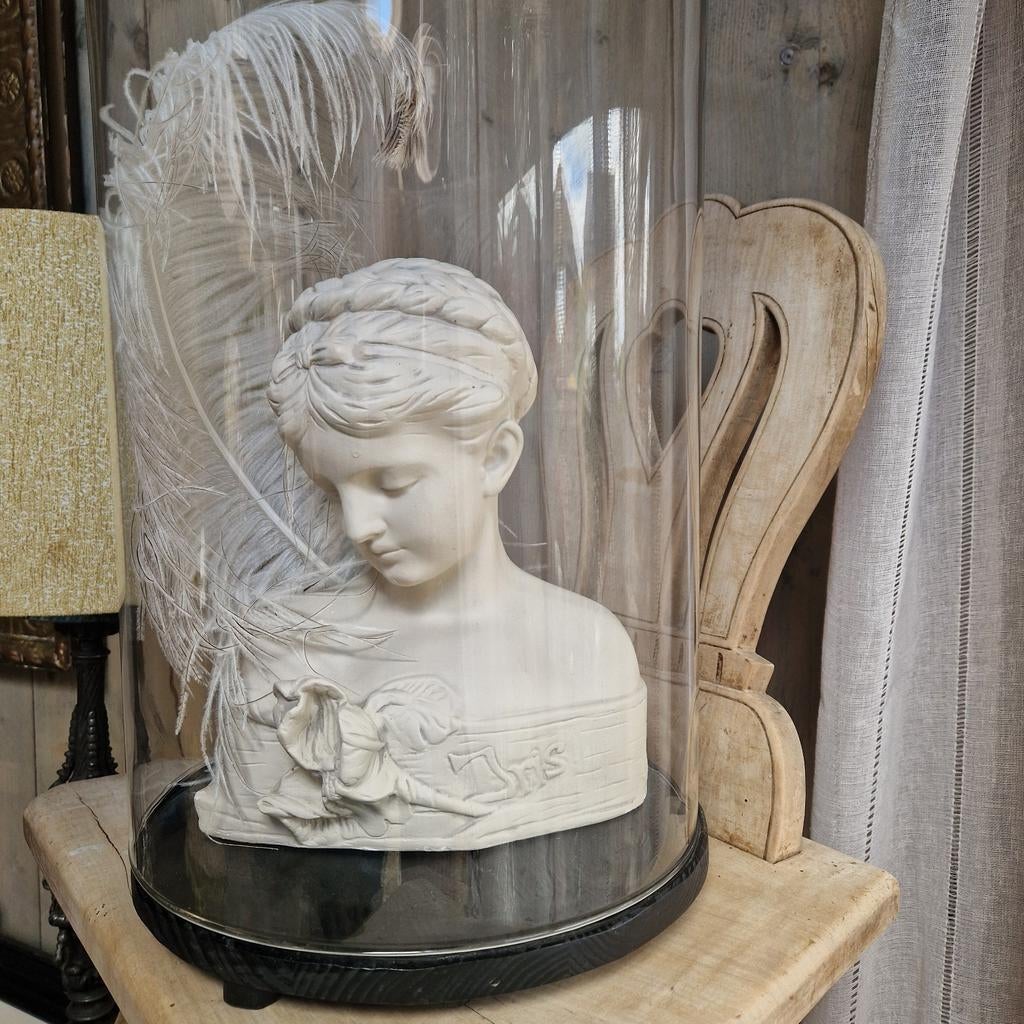 Antieke oude grote glazen stolp met brocante beeldje Iris, Ophalen