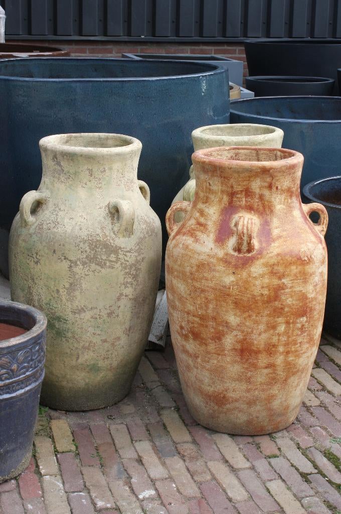 Mooie aardewerk kruiken amfora's vazen indoor & outdoor, Tuin en Terras, Ophalen, 40 cm of meer, Rond, Zo goed als nieuw