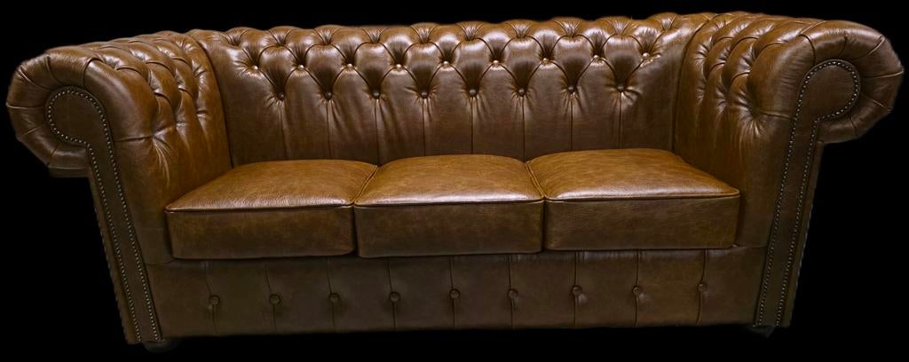 Chesterfield bank showroommodel vintage bruin leer + BEZORGD, ., Vintage, Ophalen of Verzenden, Rechte bank