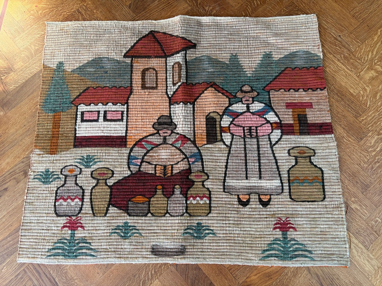 Vintage wandtapijt met dorpsgezicht, handgeweven, Gebruikt, 50 tot 100 cm, 100 tot 150 cm, Beige